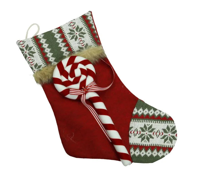 Calcetín de Navidad modelo Lollipop con dimensiones 30 x 46 cm, diseñado para colgar y decorar.