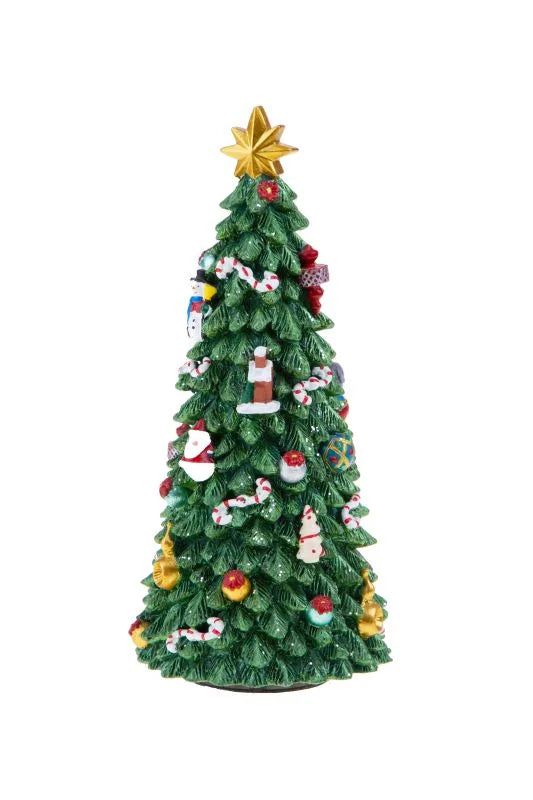 Carrillón navideño con forma de árbol, con detalles en movimiento y música, dimensiones 9.5 x 21 cm.