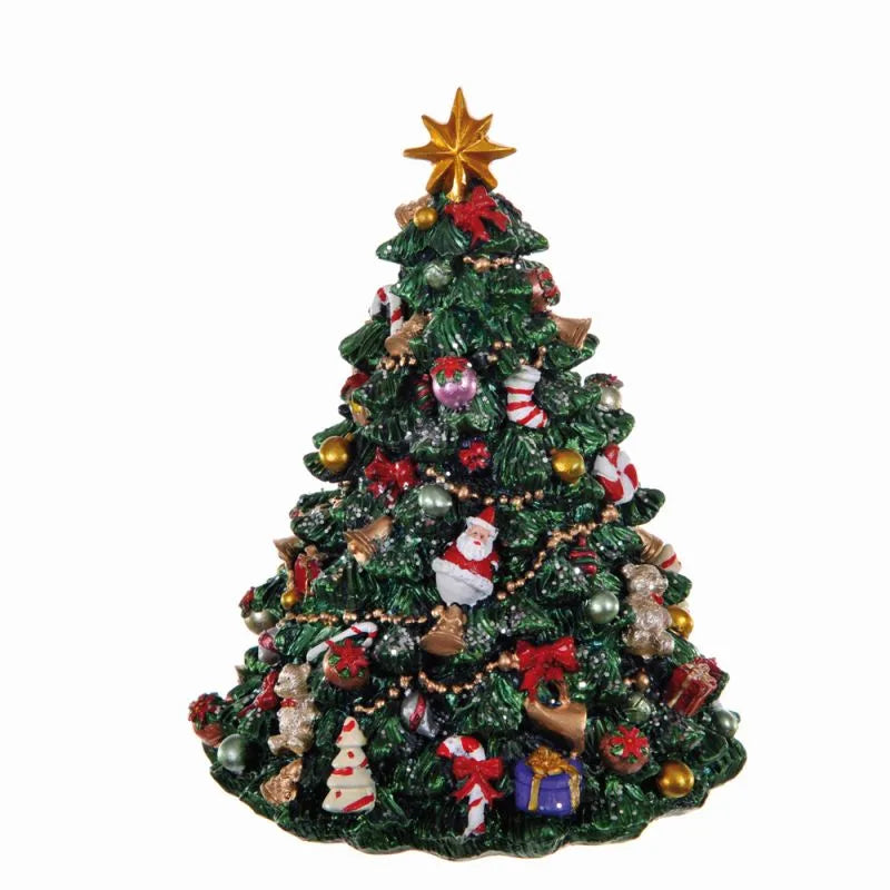 Carrillón de Navidad con diseño de árbol, mecanismo de movimiento y altavoz para la música, en color neutro.