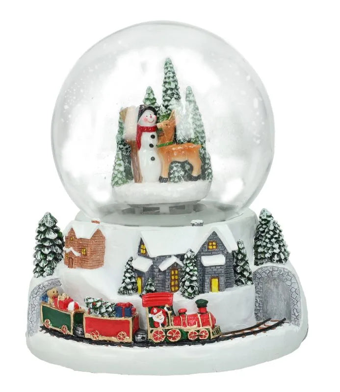 Carrillón navideño con figura de tren, música y luz, dimensiones 14 x 17 cm.