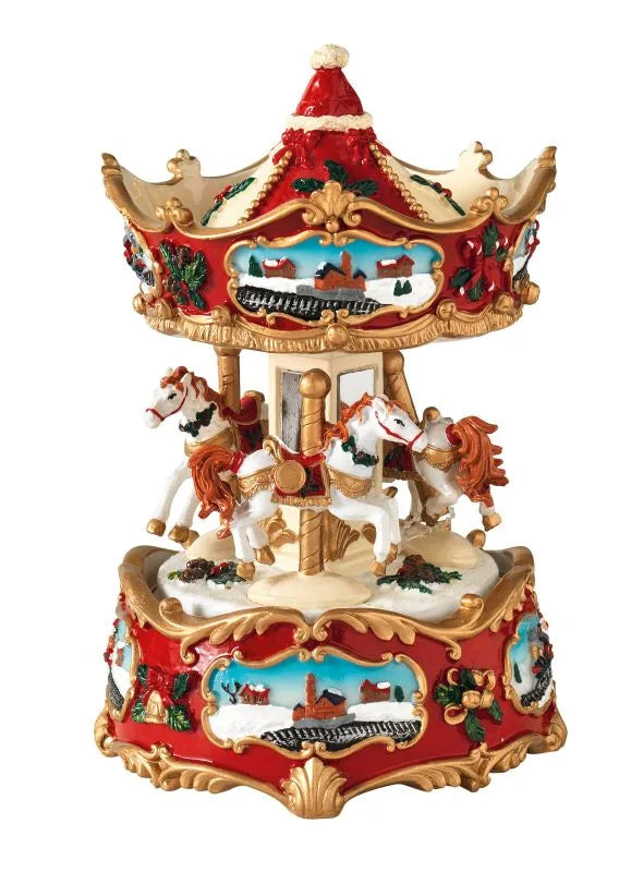 Carrillón de Navidad con caballitos, música y movimiento, en color neutro, con dimensiones de 11 x 16 cm.