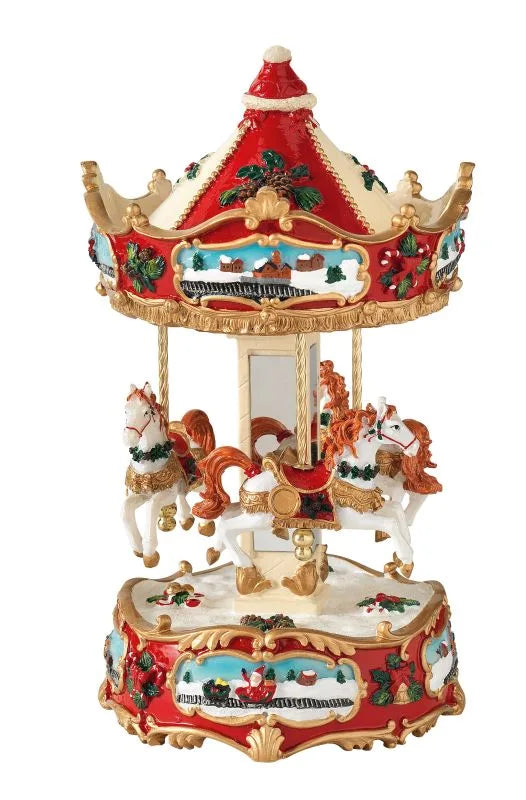 Carrillón navideño con base blanca, detallando caballitos en movimiento y la estructura que soporta la melodía.