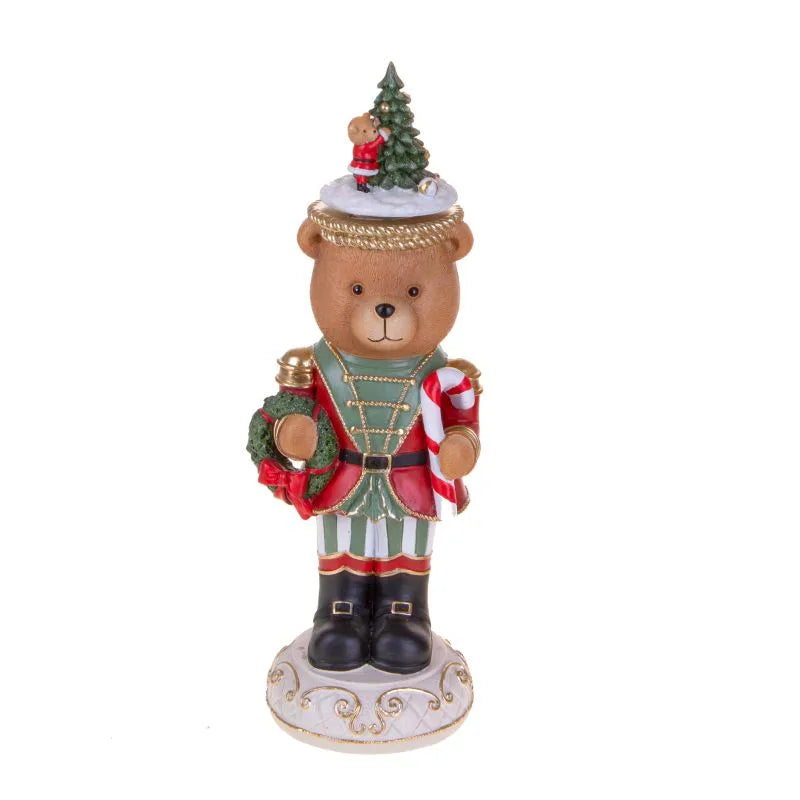 Carrillón decorativo navideño con figura de oso con sombrero, 37 cm de altura, mostrando movimiento y detalle.