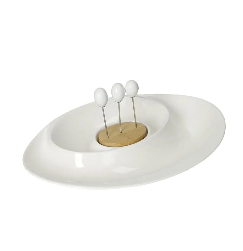 Centro de aperitivos Andromeda de Brandani en porcelana y bambú, con tres tenedores incluidos.