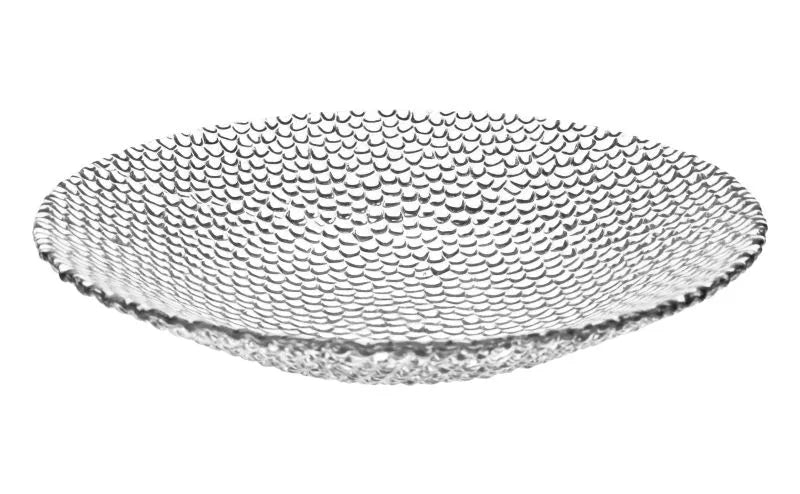 Centro de mesa transparente de la colección Drop de Brandani, con un diámetro de 30 cm.