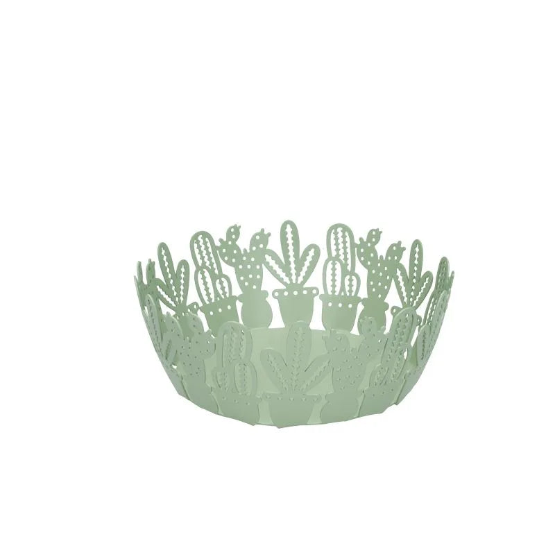 Cesta de pan redonda de color verde, con un diseño sutil que evoca la forma de un cactus, presentada sobre un fondo neutro.