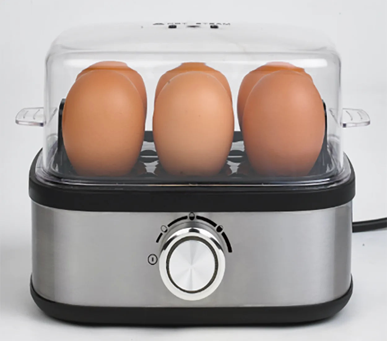 Cocedor de huevos de diseño funcional, dimensiones 20 x 15 x 14 cm, color neutro.