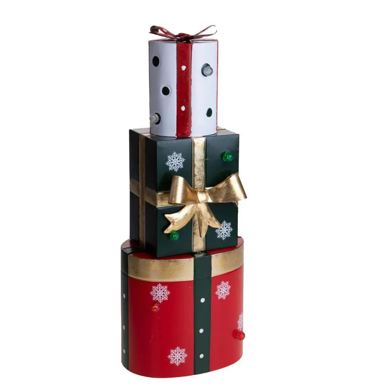Columna decorativa en forma de paquete de regalo con luz LED, ideal para Navidad.