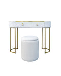 Consola Trucco con puff de terciopelo blanco, vista frontal.