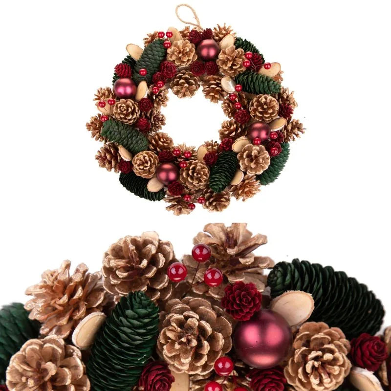 Corona navideña de 36 cm con piñas, diseño italiano.