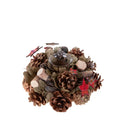 Corona decorativa navideña de 15 cm con piña y estrella, lista para colocar sobre una vela.