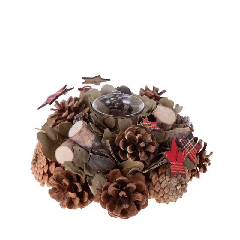 Corona navideña de 22 cm con diseño de piña y estrella en tonos festivos, ideal para velas.