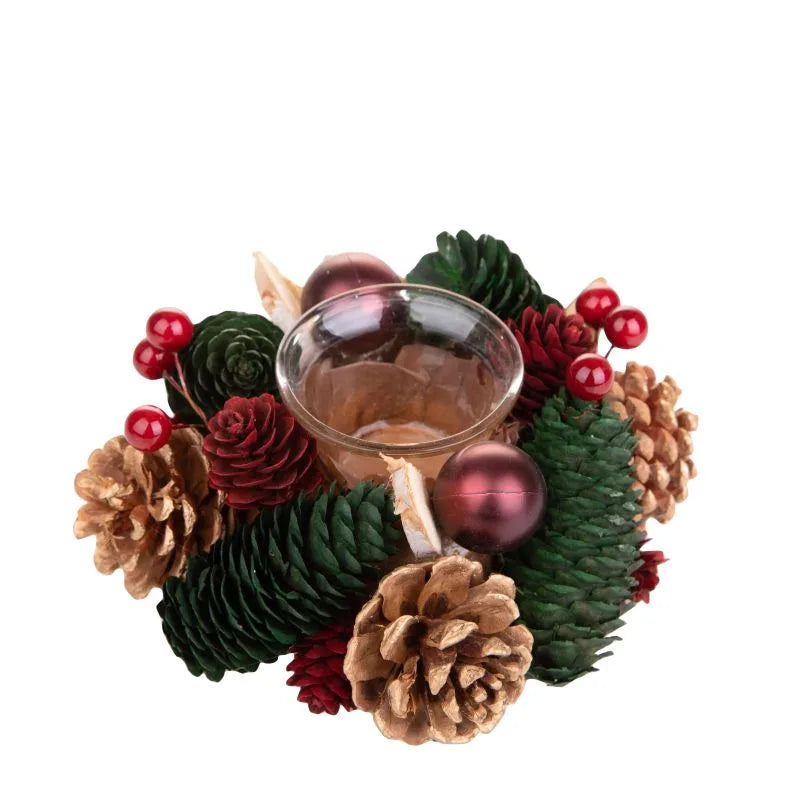 Corona decorativa de 15 cm con piñas, lista para colocar una vela, ideal para la decoración navideña.