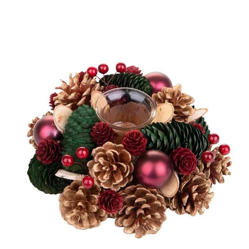 Corona decorativa navideña de 22 cm con piñas, para colocar velas.