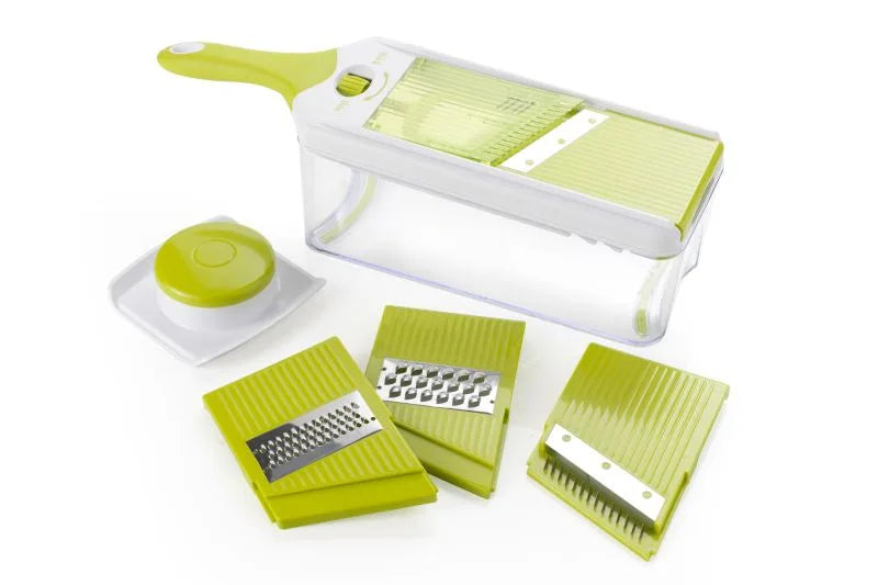 Cortador ajustable de cocina en color verde con contenedor y hojas de acero inoxidable, vista principal.