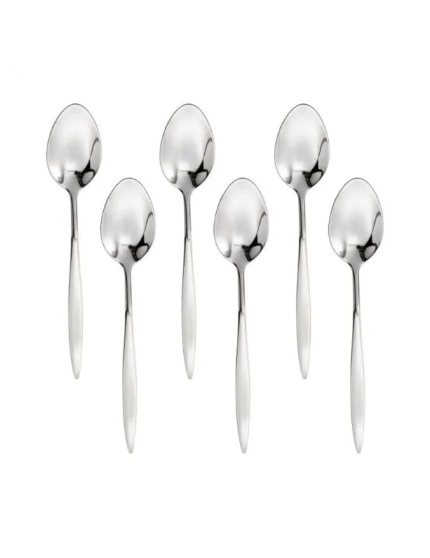 Set de 6 cucharitas moka stretch de acero inoxidable, presentadas juntas.