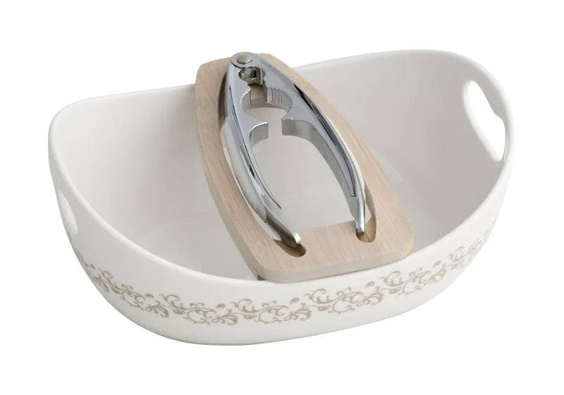Cuenco decorativo 'Rizo de Hada' de porcelana blanca con base portanueces de bambú natural.
