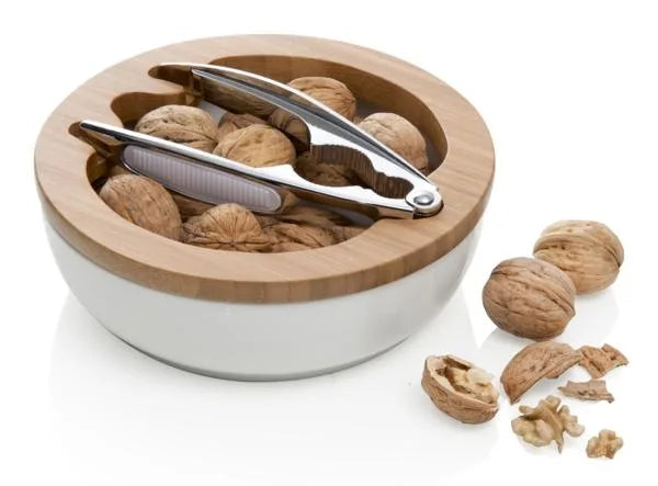 Cuenco de porcelana para nueces con soporte de bambú, diseño italiano.