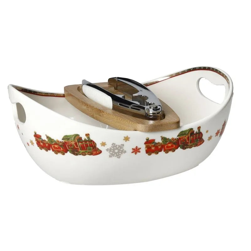 Cuenco de bambú con diseño navideño Christmas, ideal para servir frutos secos.