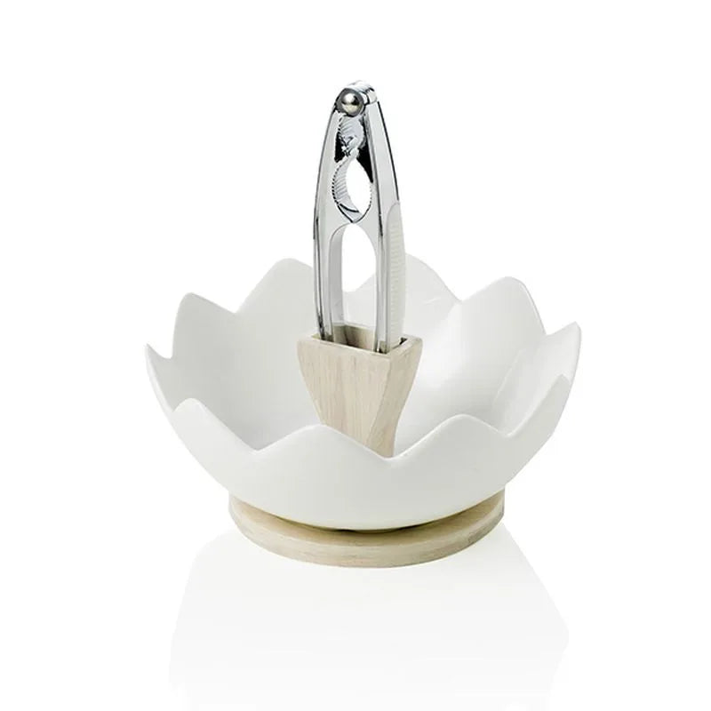 Cuenco portanueces ZigozaGo de Brandani en porcelana blanca y bambú natural, con rompenueces integrado.