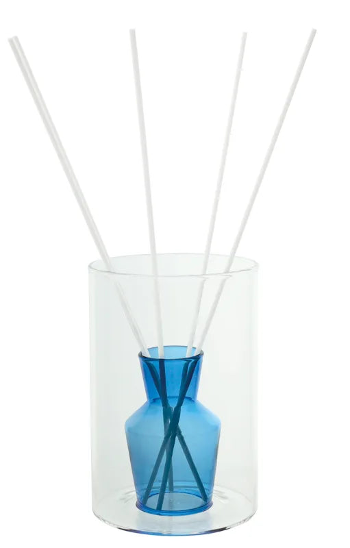 Difusor de fragancia Hydria Azul con tapa y base azul, dimensiones 10x15 cm.