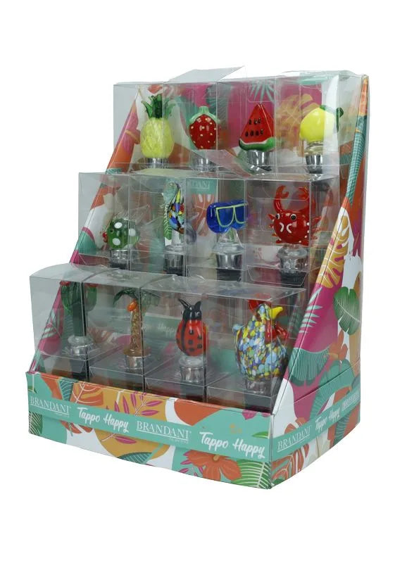 Pack de 12 tapones de botella de colores variados con diseño divertido 'Happy Col'.