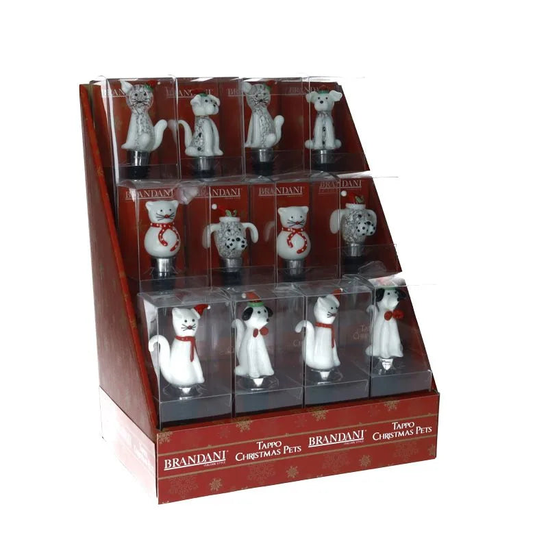 Display de 12 tapones para botellas Brandani con diseños surtidos de perros y gatos.