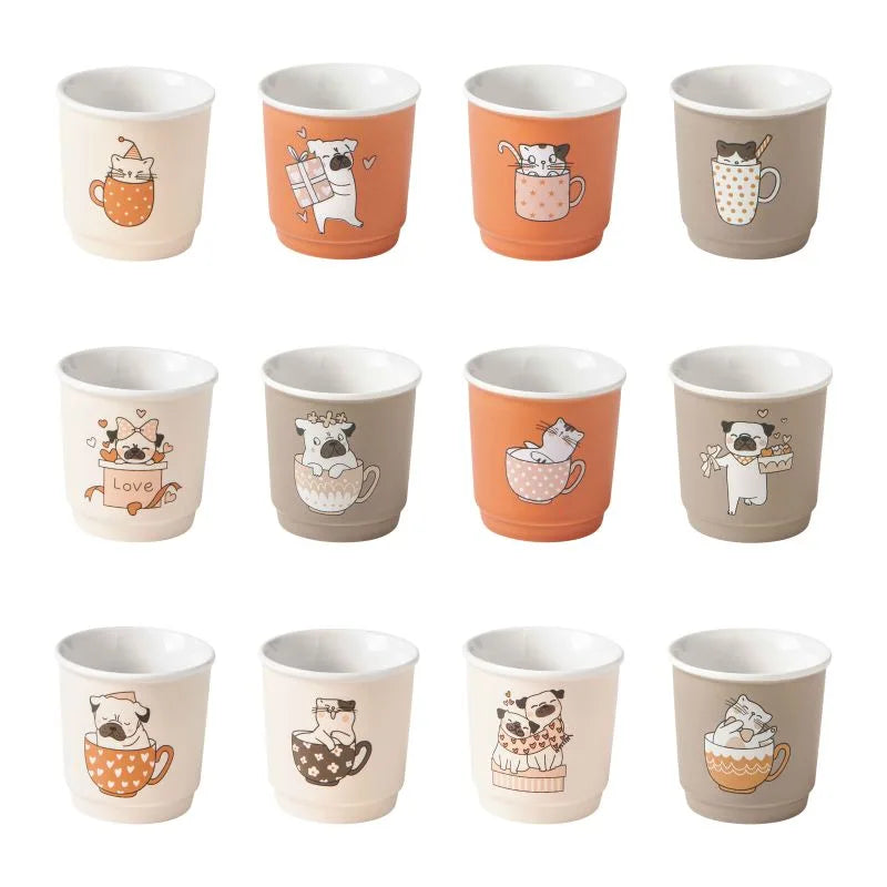 Packshot de 12 vasitos individuales de la colección Cani e Gatti en New Bone China.