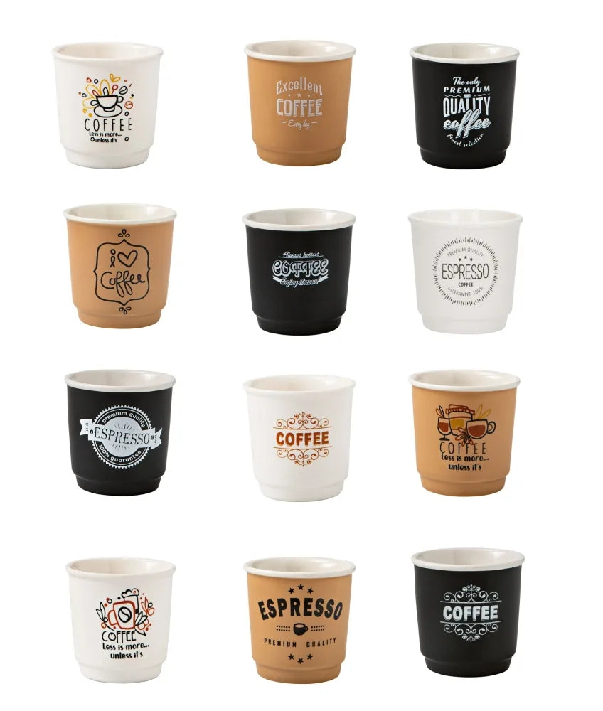 Display de 12 vasitos de espresso de colores y decoraciones surtidas en New Bone China.