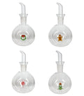 Packshot de un set de 4 aceiteras de cristal con diseño navideño, cada una con una forma ligeramente diferente.