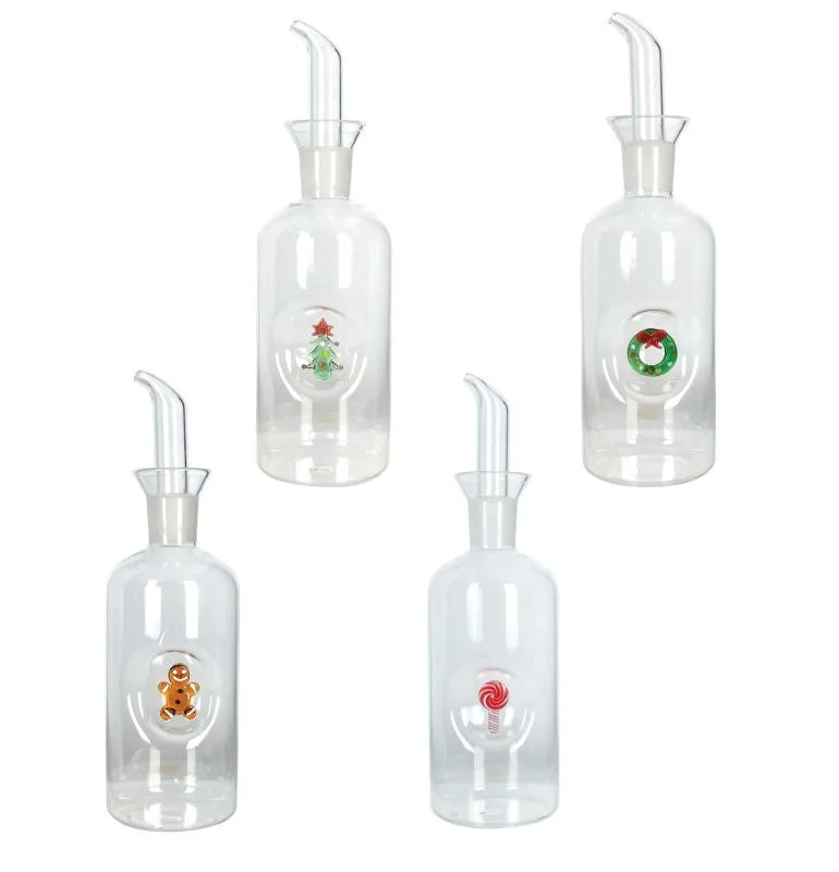 Packshot de un set de 4 aceiteras de cristal con diseño navideño "X-MAS" de Brandani.