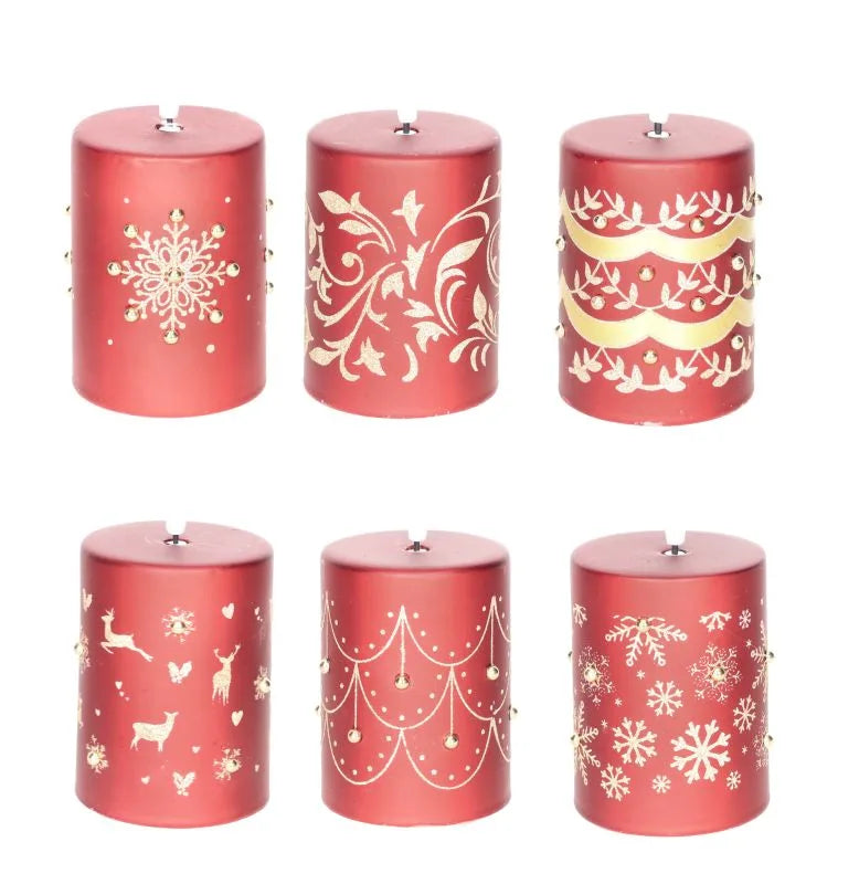 Pack de 6 velas LED rojas de parafina con detalles navideños, diseño de Brandani.