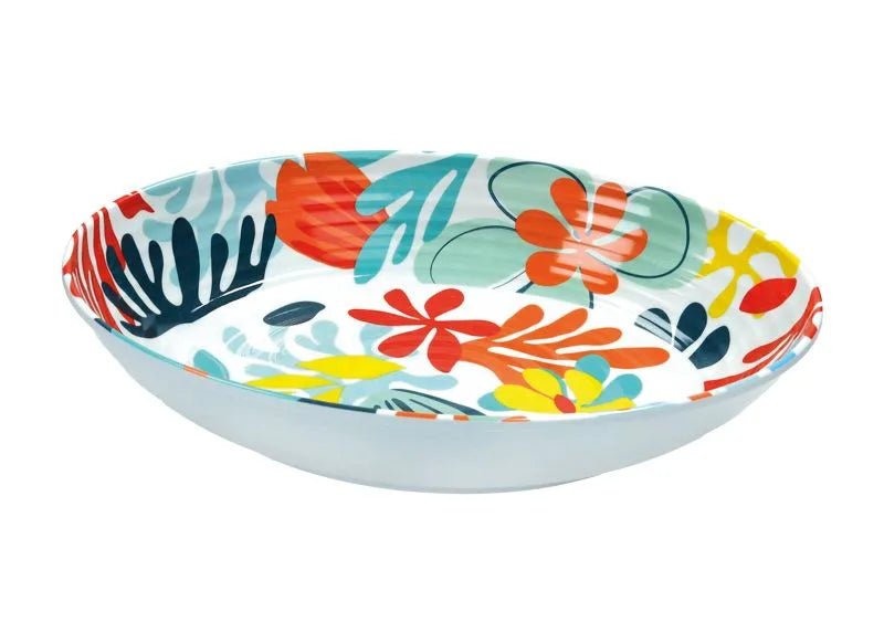Ensaladera Tahiti de melamina en color blanco con detalles inspirados en la isla, dimensiones 33x23x7 cm.