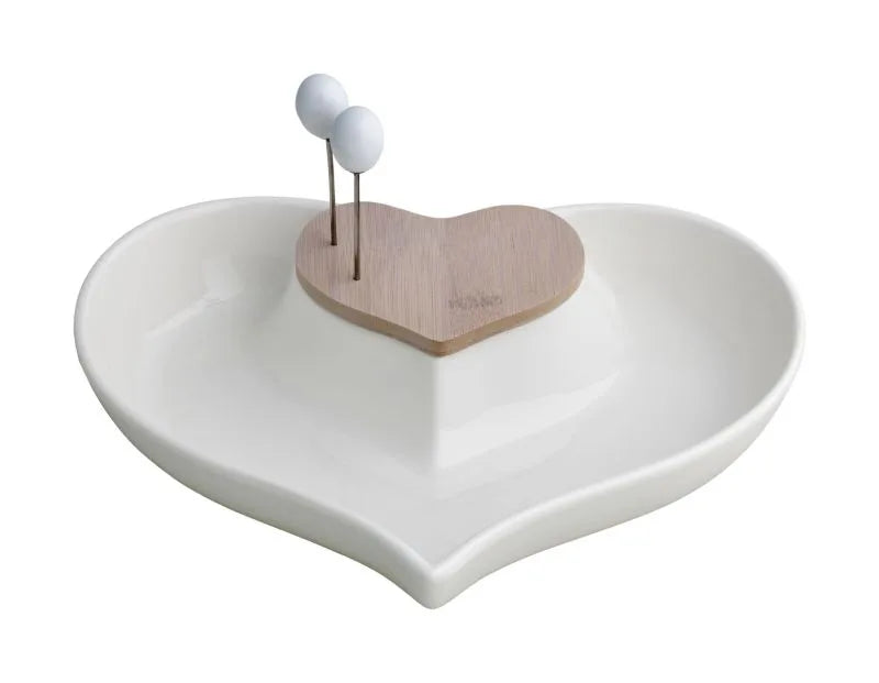 Entremesera Cuorenelcuore de porcelana blanca y bambú natural, con dos tenedores a juego, presentada sobre una superficie.