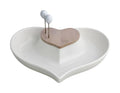 Entremesera Cuorenelcuore de porcelana blanca y bambú natural, con dos tenedores a juego, presentada sobre una superficie.