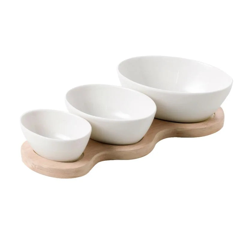 Entremesera Galaxia de porcelana blanca con base de bambú natural, vista superior.