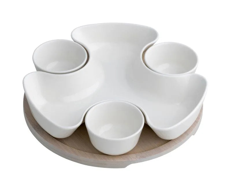 Entremesera Rompecabezas de porcelana blanca y bambú natural en su empaque.