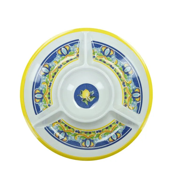 Entremesero redondo de 30,5 cm de diámetro en color azul vibrante, con diseño inspirado en cítricos.