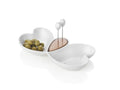 Entremesero Marfil con base de bambú y plato de porcelana blanca, visto desde arriba.
