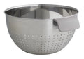 Escurridor de acero inoxidable con mango de silicona gris.