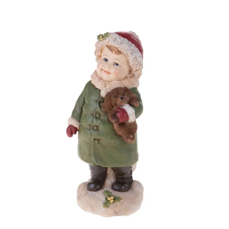 Figura decorativa de un niño con un muñeco, en tonos neutros, de 7x19 cm.