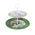 Fuente de 2 pisos con pie de metal blanco, colección Flora, vista frontal.