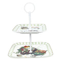 Fuente de 2 pisos de cerámica blanca modelo Wonderland con asta metálica decorativa.