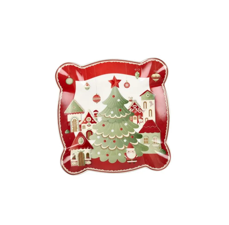 Fuente cuadrada Villaggio In Festa de Brandani Gift Group, mide 25x25 cm, con un diseño navideño italiano.