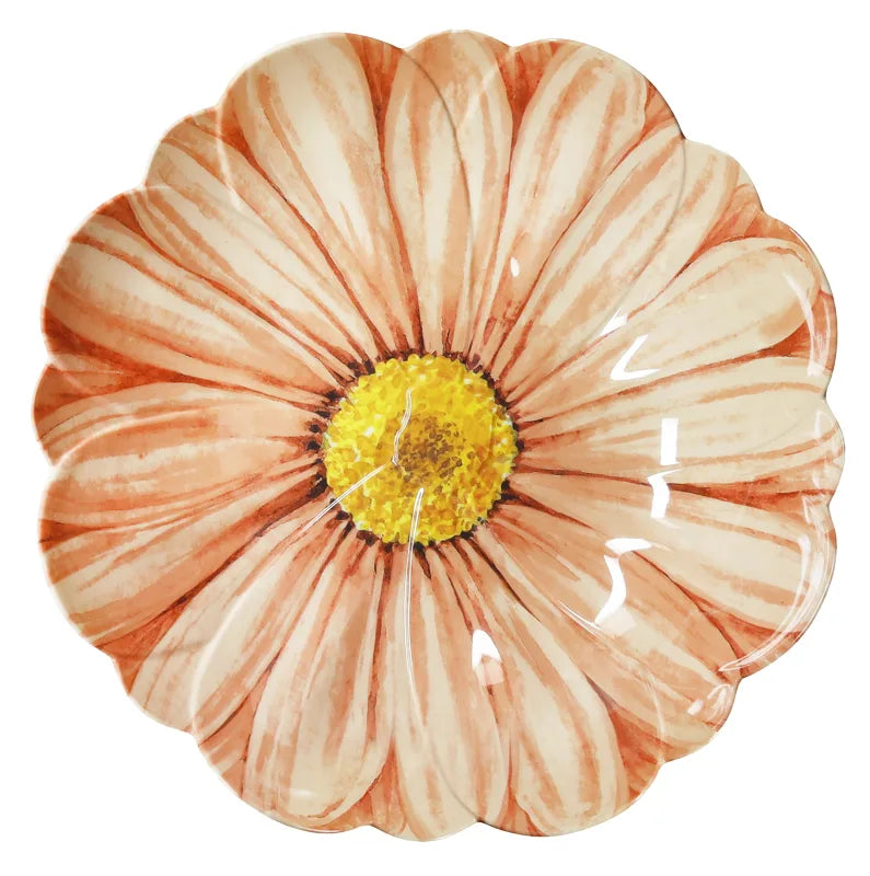 Fuente Fiore de melamina blanca con diseño floral en relieve, vista superior.