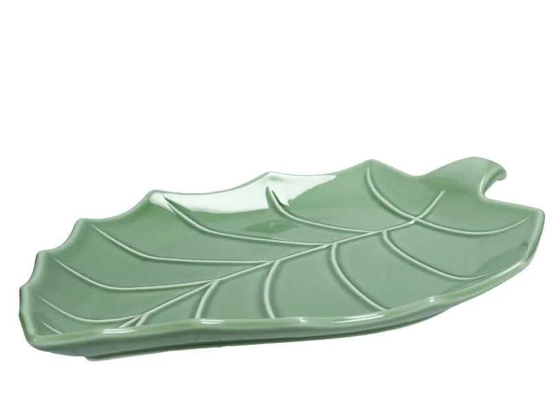 Fuente Hoja Pioppo verde de 33x24 cm, con forma de hoja y acabado brillante.
