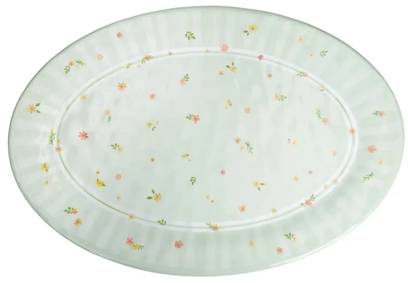 Fuente ovalada de melamina verde de 50 cm, colección Polline, con el logo de Brandani.