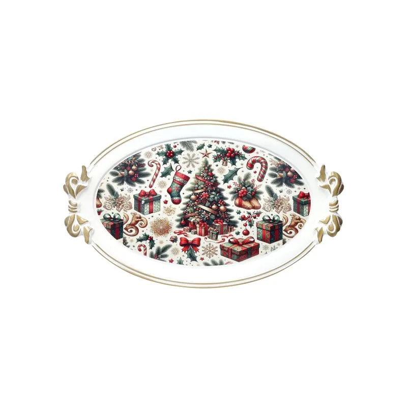 Fuente ovalada blanca de 50 x 30 cm con asas en forma de lazo.