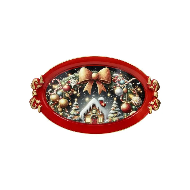 Fuente ovalada roja de Brandani Gift Group con detalle de lazo, dimensiones 50 x 30 cm.
