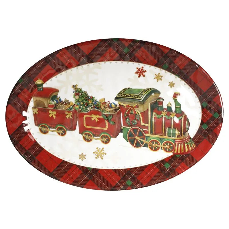 Fuente ovalada de melamina blanca con diseño Christmas, tamaño 35,5 cm, ideal como bandeja decorativa.